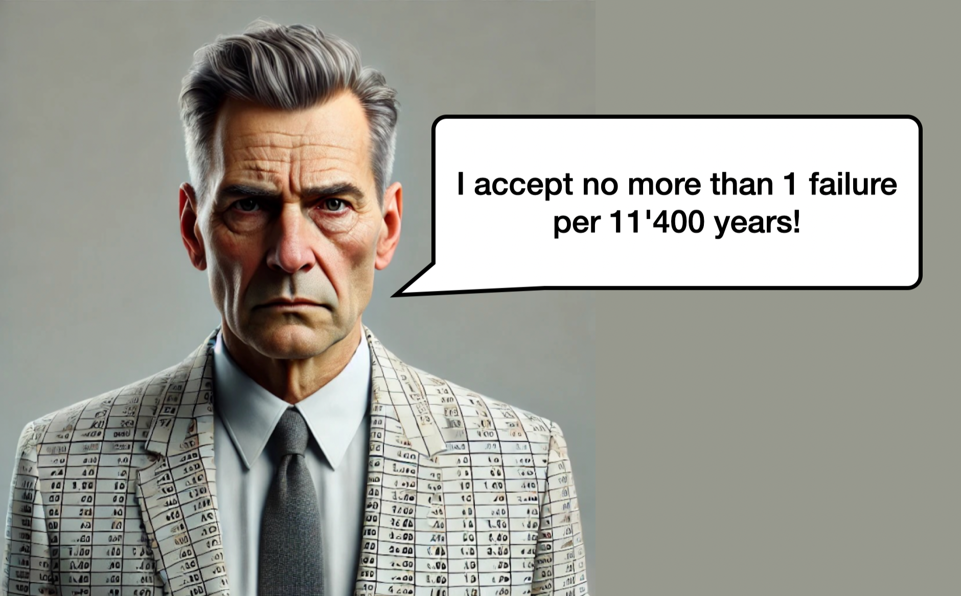 A stern executive in a suit patterned with spreadsheet figures, a speech bubble declaring: I accept no more than 1 failure per 11'400 years!