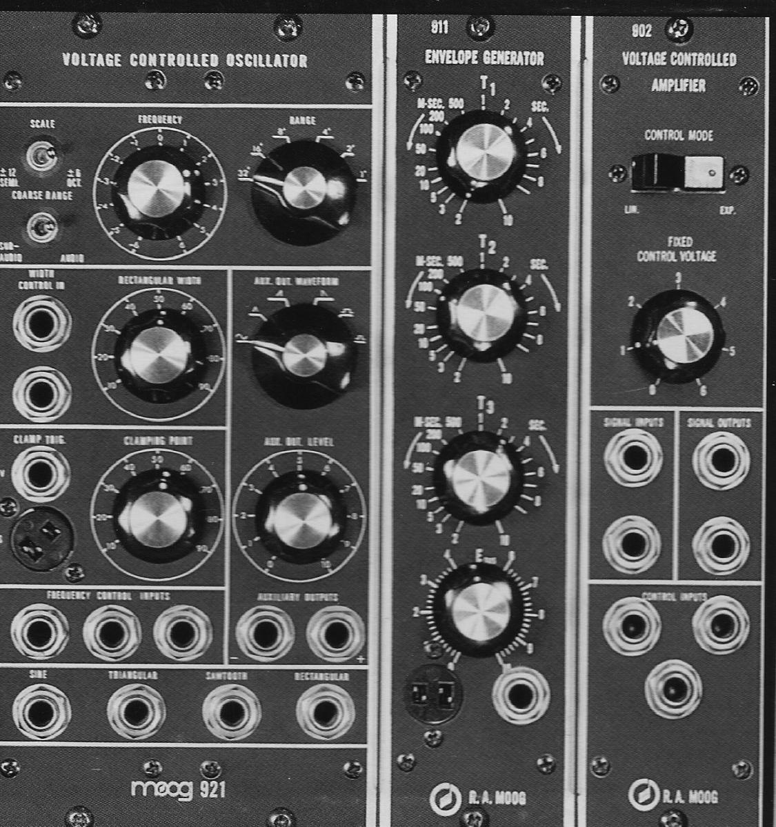 Three coupled Moog synthesizer modules: 921 oscillator, 911 envelope generator, 902 amplifier